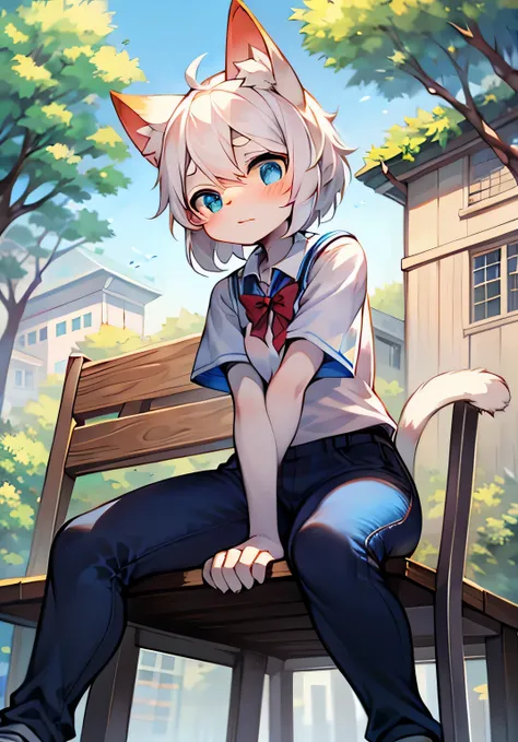 Repaint metal pants fury，two-dimensional，luxurious，Cat ear，white hair，Wear a blue and white school uniform，sitting position，Sit on a wooden bench，There are teaching buildings and green trees behind，blue eyes，Lovely，Miss，a little shy