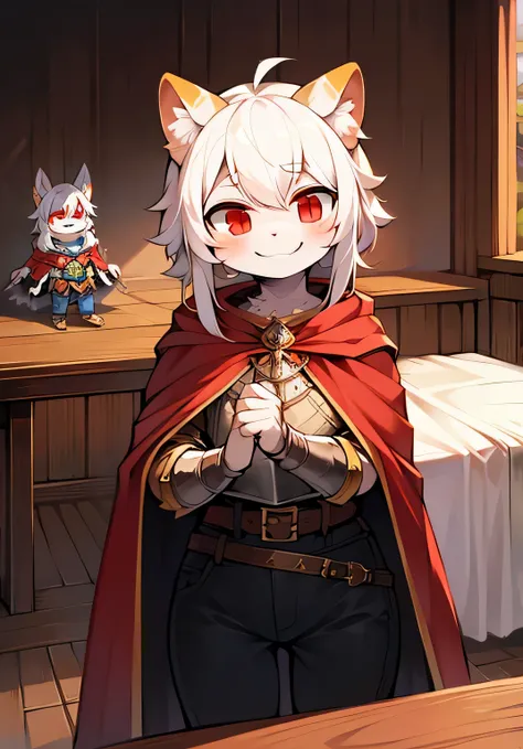 Medieval repainted metal pants，hairy，anger，white hair，show off your waist，red eyes，two-dimensional，wearing a cloak，There is a table and bed nearby，Natural smiling expression，Lovely，high