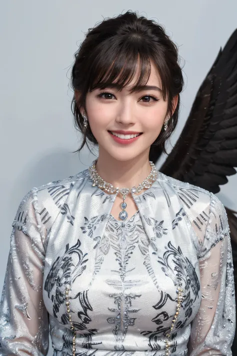 highest quality, whole body, masterpiece, dark eyebrows, ultra high resolution, realistic, very detailed, professional lighting smile, eagle nose, short hair、necklace around neck、black hair、smiling showing teeth