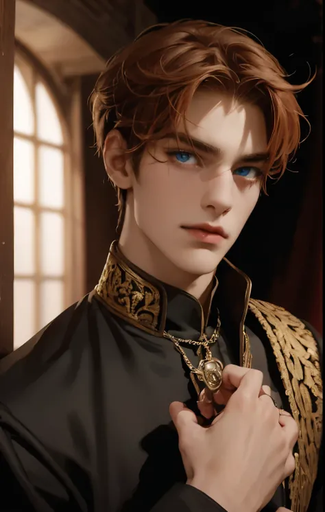 solo, prince of medieval europe, bright red short haired man, Rin々cool and handsome, wearing black military uniform, Deep blue eyes,, Charm, Gentle eyes,  palace hall, surreal, 5 fingers, highest quality