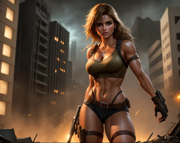 Taylor Hill version Lara Croft in deserted city destroyed apocalyptic scenery at night, well detailed, medium chest, thick legs, blonde hair, fog cinematic effect realistic style, richness of detail, ultra detailed depth of field Full HD 8K masterpiece.