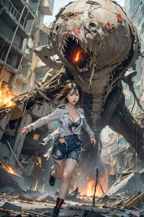 (((RAW image quality:1.4))), movie heroine "evil black alien". A woman is chased by a giant wet alien that glows yellow.., cute japanese woman、Desperately escape from giant aliens in a devastated metropolis.., 14 years old, messy brown hair, Tattered pilot...