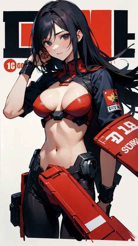 highest quality、magazine cover、long black hair、Beautiful woman、model、black eyes、red pilot suit、gundam、Aina、breast enhancement、anime touch、hand drawn、watercolor painting