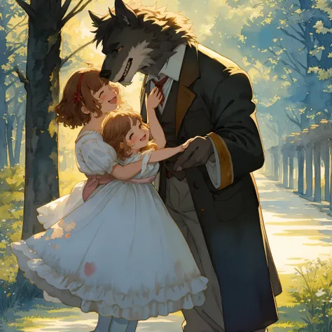 watercolor, soft color, Vintage images, highres, unparalleled masterpiece, absurdres, love story of human  girl and giant Werewolf, love romance, Detectives and assistants, family photograph, pair, Height difference, Physical difference, perfect anatomy, s...