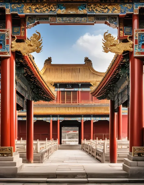 (detailed closeup,focussed view,prominent:1.3)Symmetrical, intricate and elaborate flying eaves of "Dou Gong" in Chinas Forbidden City, positioned below the roofs and between the beams and pillars. The layers of "Dou Gong" protrude one after another, servi...