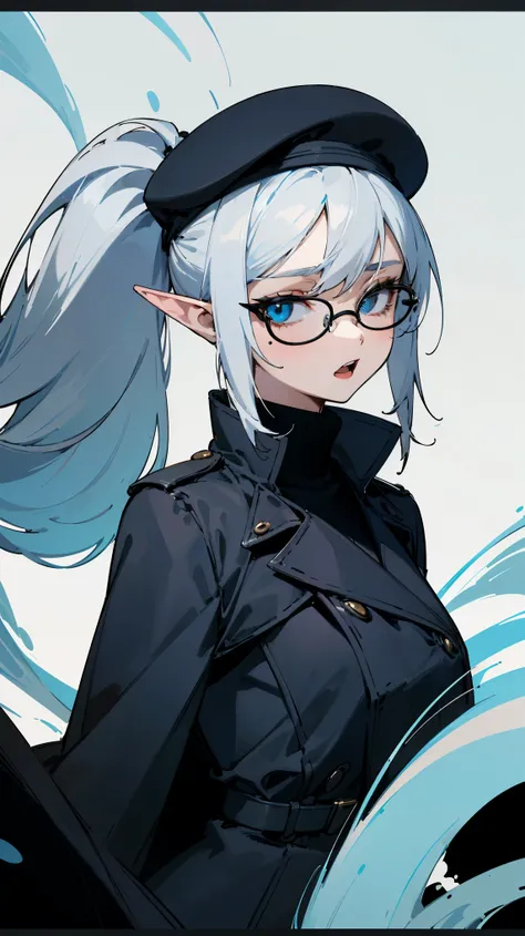 (Masterpiece, Top Quality, Best Quality, Official Art, Beauty and Aesthetics: 1.2), (Flat Color: 1.3), Very Detailed, Detailed Face and Eyes, Cinematic Light, SFW, Anime, Depth of Field, 1 Girl, Solo, Official, White Hair, Elf Ears, Ponytail, Blue Eyes, Bl...