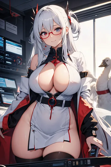 masterpiece , best quality , 1 sexy girl , (1 goose:1.2) , lab coat, doctors white robe , (covered nipples:0.9) , (gigantic tits:1.2) , (thick arm:1.1) , thick thigh , gigantic hip , (white hair:1.1) , (plump:1.1) , surrounded by sci-fi machinery and monit...