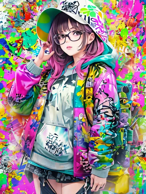 8K quality, watercolor painting, stylish design, (((The strongest beautiful girl of all time))), (((Japanese)))、AKB48、stylish glasses, Fashionable hats, (((highest quality))), bob hair,  HDR, ((Detailed details)), oversized hoodie, detailed clothing textur...