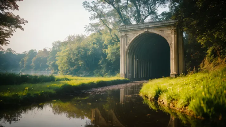 View of the bridge over the river with its reflection in the water, portal to another world, mysterious setting, forest portal, A world that can only be seen through portals, fairyland bridge, stone bridge, dream portal, Symmetrical fantasy landscape, View...