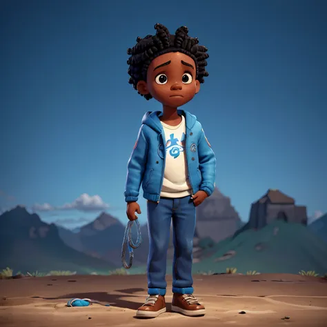 a boy, side position, back, afro braids, blue jacket, with hood, rope on his feet, sad, cartonized, cartoon image, hd.