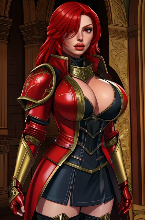 Hilde,red hair,lips,hair over one eye,red eyes,mole under mouth, armor,gauntlets, breastplate,   red coat, solo,  serious, 
upper body,   standing,   cleavage,  cowboy shot,  thighhighs,
european castle, 
(insanely detailed, beautiful detailed face,beautif...