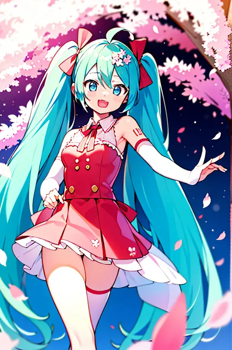 hatsune miku　Show from head to thigh　cheeks are red　Natural Laughing Face　cute face　small breasts　small ass　good style　Near the cherry blossoms　Cherry blossom petals are dancing　My butt is hidden by the skirt