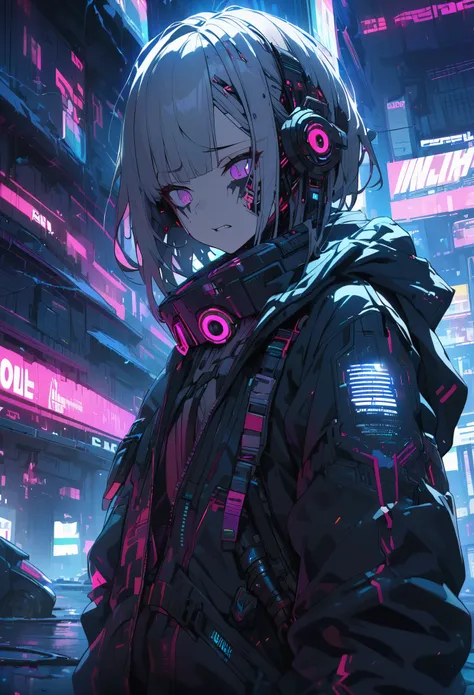 Ultra detailed, 4K, cyberpunk, cybernetic girl, heavily augmented, cold expression, violent environment