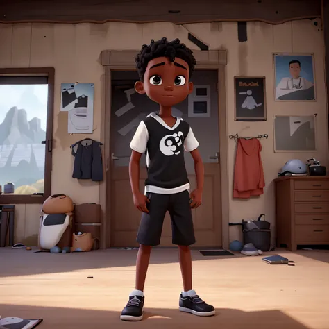 a boy, black Young, back position, American cut, white shirt, shorts, rope around the neck, sad, cartonized, cartoon image, HD, strength, sad, sad boy