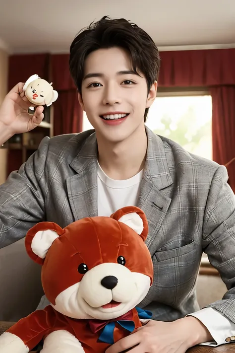 A handsome man in a gorgeously decorated room. highest quality, masterpiece, ultra high resolution 　Looking at me and smiling　Multiple cute stuffed animals with very emotional expressions　Smiling with wide open mouth