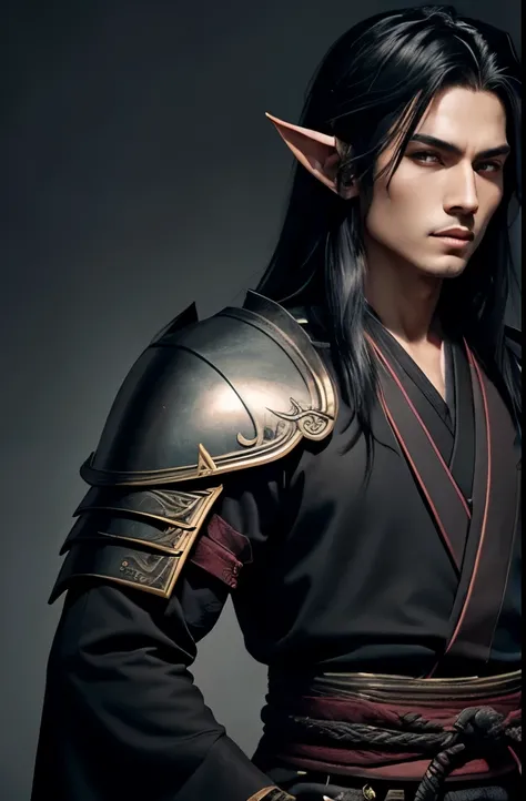 dnd male character, young adult high elf, samurai class, 2 katanas, medium long black hair, dark deconstructed kimono with Armour, rouge looking, fully clothed