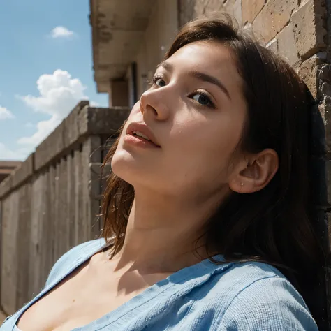 A young woman looking up at the blue sky