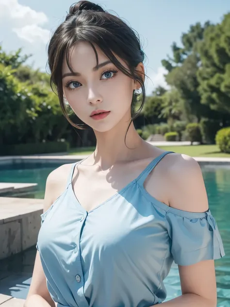 (highest quality), (masterpiece), 1080p, hd, 4k, 8k, cute face, beautiful, clean hands, can&#39;can&#39;t believe it, beautiful eyes, red black hair, bun tied hair, shoulder length hair, blue eyes, long eyelashes, bikini、waist,shirt