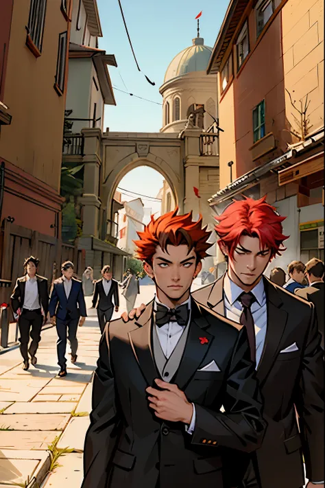 hay dos hombres de traje parados en un patio., akehiko inoue y ross tran, hoy&#39;s outstanding anime yet., dos hombres guapos a...