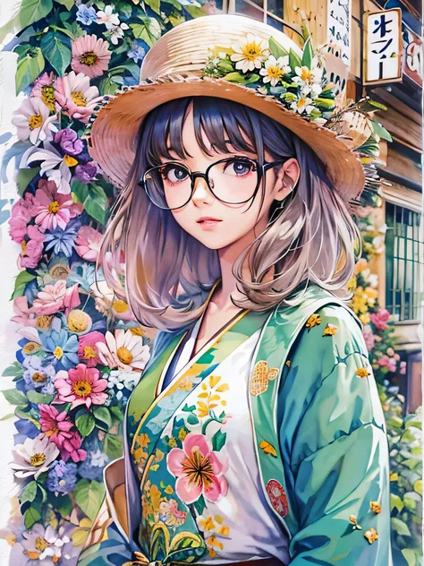 8K quality, watercolor painting, stylish design, (((The strongest beautiful girl of all time))), (((Japanese)))、AKB48、stylish glasses, Fashionable hats, (((highest quality))), bob hair, HDR, ((Detailed details)), stylish fashion, detailed clothing texture,...