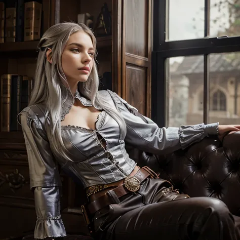 dnd female character, young adult human, gunslinger class, 2 ornate pistols, flowy Victorian blouse with trousers and leather details, silvery hair