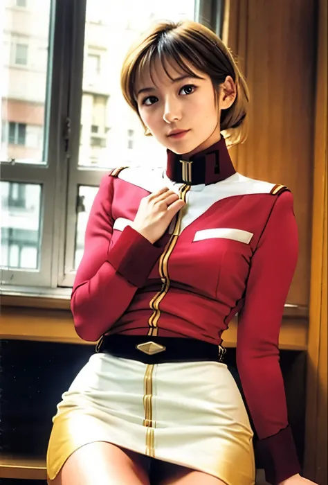 real photos、Highest imYear quality、Beautiful woman、beautiful thighs、beautiful face、real imYear、federal army uniform uper mini skirt、white panties、ponytail、Yuriko Yoshitaka、16Year日本人女性、Mrs. Bowe、pretty girl、white pantiesーが丸見え、16Year、(white pantiesー:1.3)、sup...
