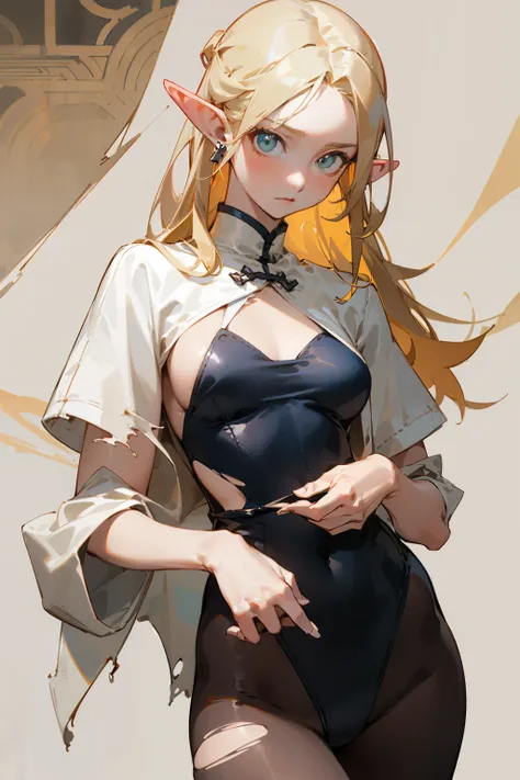 (masterpiece, best quality) detailed, Wearing black tights, silver accessories , blonde ,elegant, pointed ears ,Chinese element pattern,White shirt,torn clothes,Deep V one-piece swimsuit