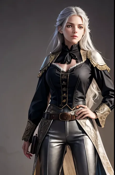 dnd female character, young adult human, gunslinger class, 2 ornate pistols, flowy Victorian blouse with trousers and leather details, silvery hair