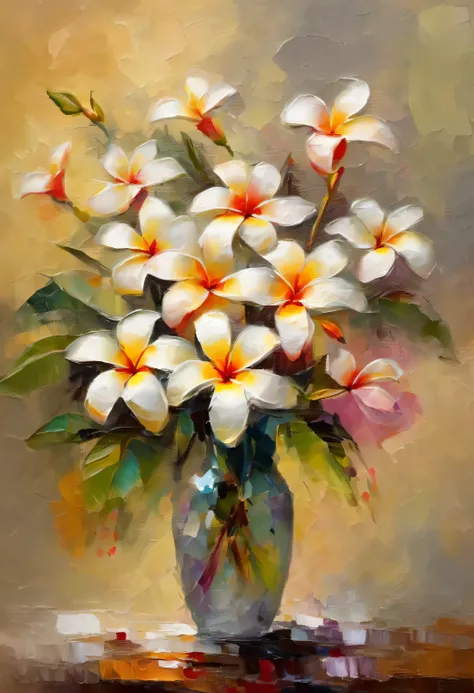 A beautiful Plumeria flower arrangement in a vase on table, inspired by Pino Daeni, vintage scenery, sketch, drawing, or watercolor artwork impasto style. Perfect reflections. Abstract impasto background, light beige color only
