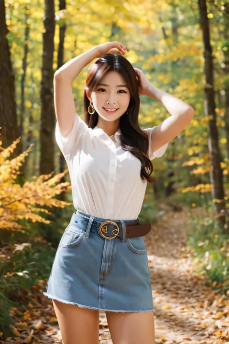 (realistic photo quality), (masterpiece), (detailed face), (detailed face features), A Japanese beauty is standing in autumn forest, tall, long kegs, happy face, (denim tight ultra miniskirt with belt), (white sleeveless shirt), (((from her head to her kne...