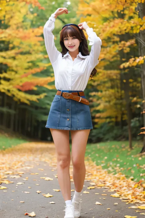 (realistic photo quality), (masterpiece), (detailed face), (detailed face features), A Japanese beauty is standing in autumn forest, tall, long kegs, happy face, (denim tight micro skirt with belt), (white sleeveless shirt), (((from her head to her knees e...