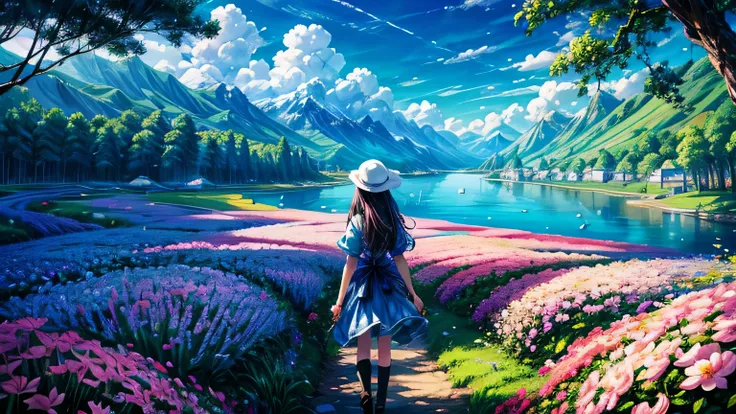 blue sky。fantastic scenery。great scene。sky。beautiful flower。flower garden。sky