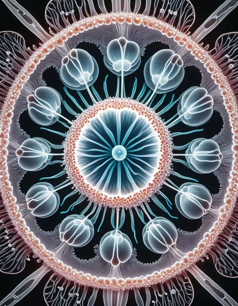 in style of Ernst Haeckel，Macro，Close-up of a glowing symmetrical active white blood cell under a microscope