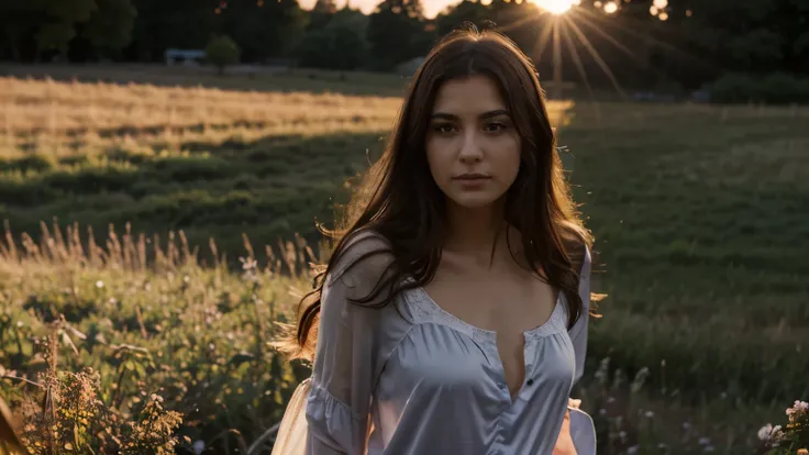 woman in night gown looking camera in morning sun light