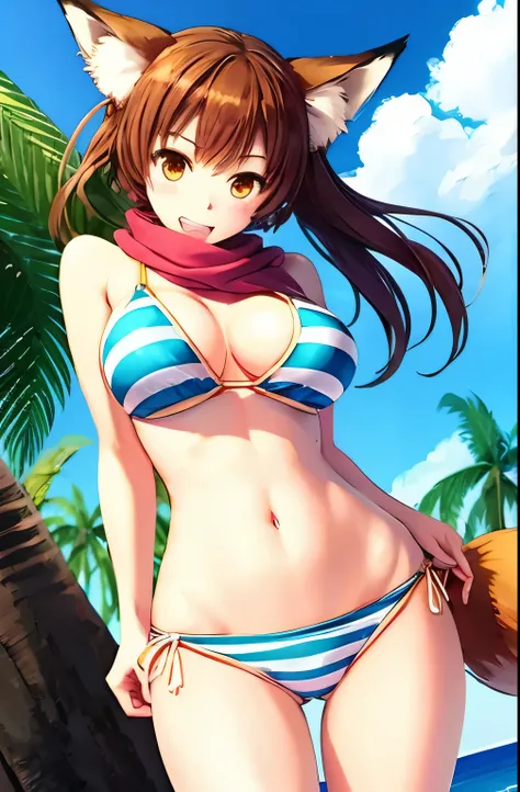 masterpiece,high resolution, animal_ears, Tail, 1girl, swimsuit, bikini, palm_tree, fox_Tail, shorts, fox_ears, scarf, striped_bikini, tree, Open_Mouth, Smile, Front lacing_top, striped, Front lacing_bikini, animal_ear_Brushed, alone, Brown_hair, ocean, sk...