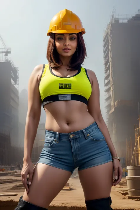 Aishwarya rai as construction worker, black shorts, high boots, tank top, posing in construction site, day scene, navel out, mature hourglass figure, massive cleavage, look at camera and laugh, ((bob cut hair)), sexy 50 yo MILF, soft volumetric lights, int...