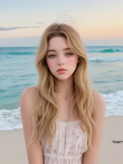 Mujer arafed con largo cabello rubio de pie en una playa, sydney sweeney, Kailee Mandel, una chica con cabello rubio, Retrato de Sophie Mudd, pelo largo y rubio y ojos grandes, hermosa chica rubia, sidney hanson, con pelo largo y rubio, imagen filtrada, fo...