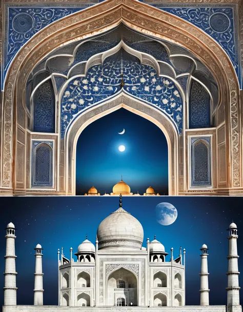 Taj mahal，absolutely symmetrical，Design a symmetrical effect on both sides，Symmetrical details are included from the macro plan right down to the decorative details，architectural representative，background：blue night and moon