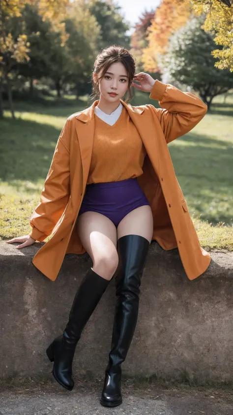 (best quality,high resolution,masterpiece:1.2),Super detailed,actual,Confident and determined noble character wearing orange soap clothes, Purple shirt, and panties, Paired with black short boots. This character has a country feel, Exudes a sense of nobili...