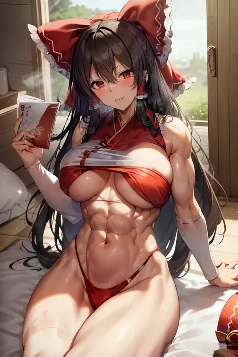 (reimu hakurei)、hair tube、hair ribbon、brown eyes、Beautiful woman、(muscle tissue、abs)、Get angry、bed