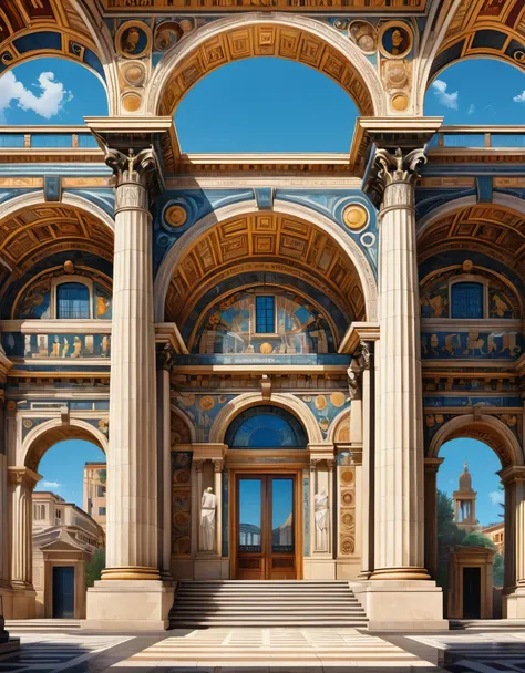 in style of Maximalism , a building，Symmetrical，beautiful details，Ancient Roman architecture