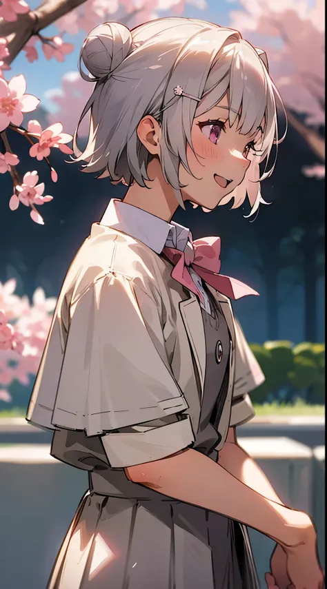 (highest quality,High resolution:1.2),silver haired 、Short silver bob hair styled into a bun with a hair clip, pink eyes、blush、laughter、一緒にlaughterます、profile、upper body close-up、sakura park