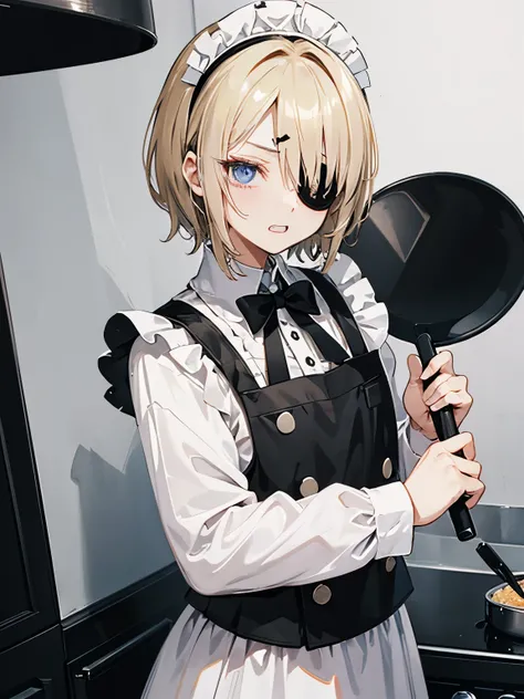 blonde、medium short、maid服、maid、((He wears a black eyepatch over his left eye.))、have double teeth、laughing、glaring at、blue eyes、upper body only、On the right is a frying pan girl、Kitchen background