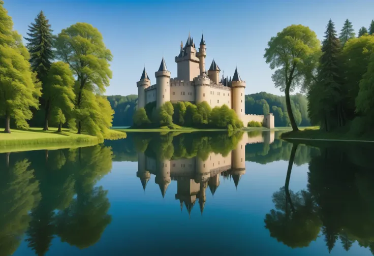 photograph of a landscape with reflection in water., there is a castle and trees on the lake shore, the castle and trees are sym...