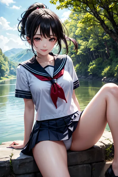 very cute and beautiful girl,(highly detailed beautiful face),
(smile),serafuku,pleated navy blue mini skirt,
sitting,spread legs,white panties,looking at viewer,black hair,low ponytail,
countryside,narrow river,summer,trees,
(best quality,masterpiece:1.2)...