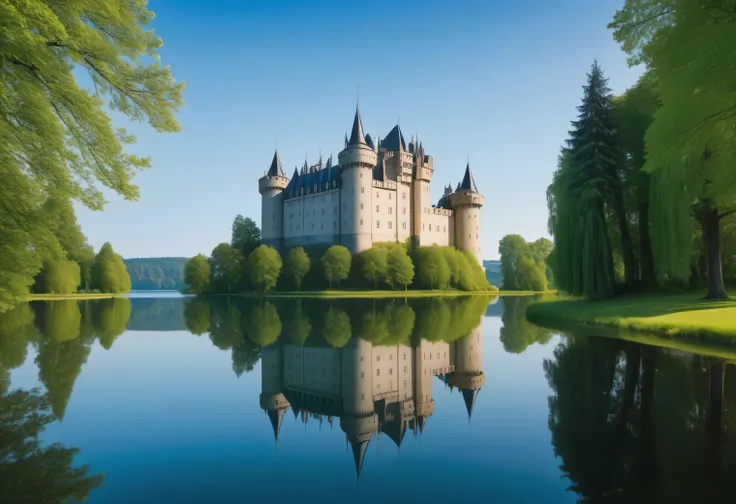 photograph of a landscape with reflection in water., there is a castle and trees on the lake shore, the castle and trees are sym...