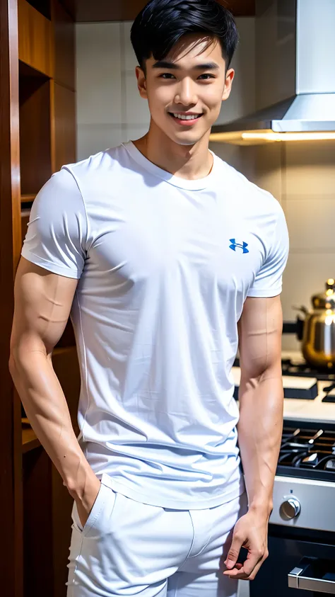 1 man with very short hair, smile showing teeth, full body, (Wearing a tight white round neck t-shirt from the Under Armor brand.), Jeans, Korean people , korean men, (high glossy details), chest muscles, large arm muscles, blood vessel, big muscles, Broad...