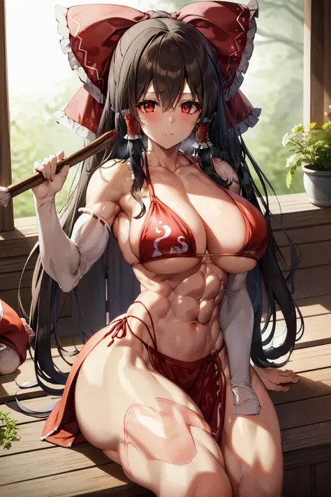 (reimu hakurei)、hair tube、hair ribbon、brown eyes、Beautiful woman、(muscle tissue、abs)、Get angry、bed