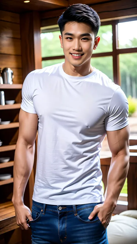 1 man, ทรงผม crew cut, smile showing teeth, full body, (wearing a tight white round neck t-shirt from the under armor brand.), j...