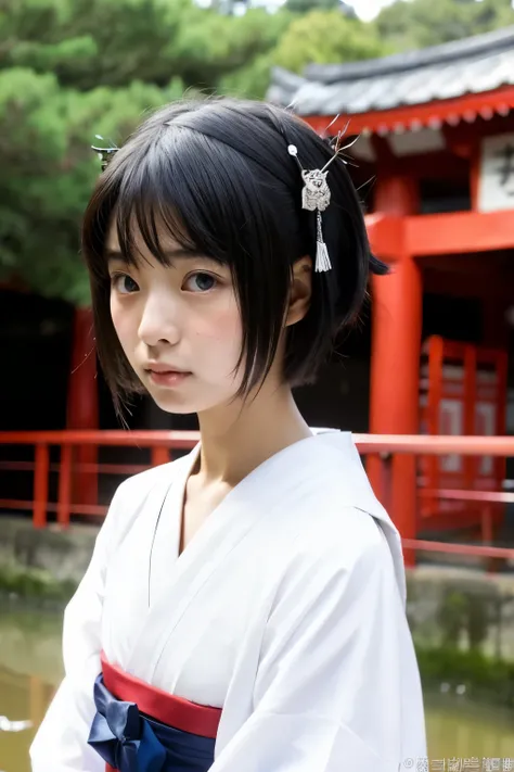 Front falling bob　Japanese-style black-haired shrine maiden　sad face　beautiful anime characters　whole body